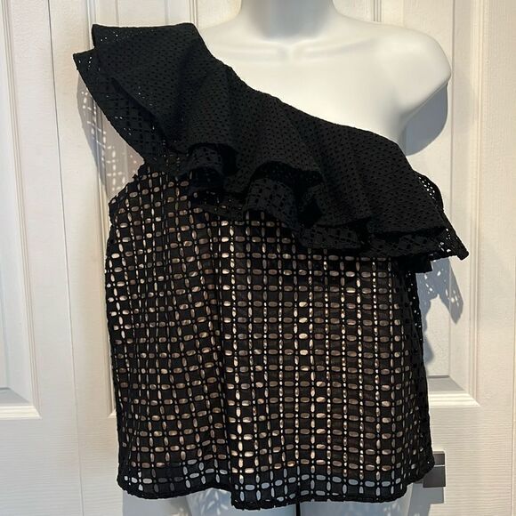 J.Crew‎ Black/Nude Eyelet Ruffle One Shoulder Top Size 6 - Picture 2 of 13